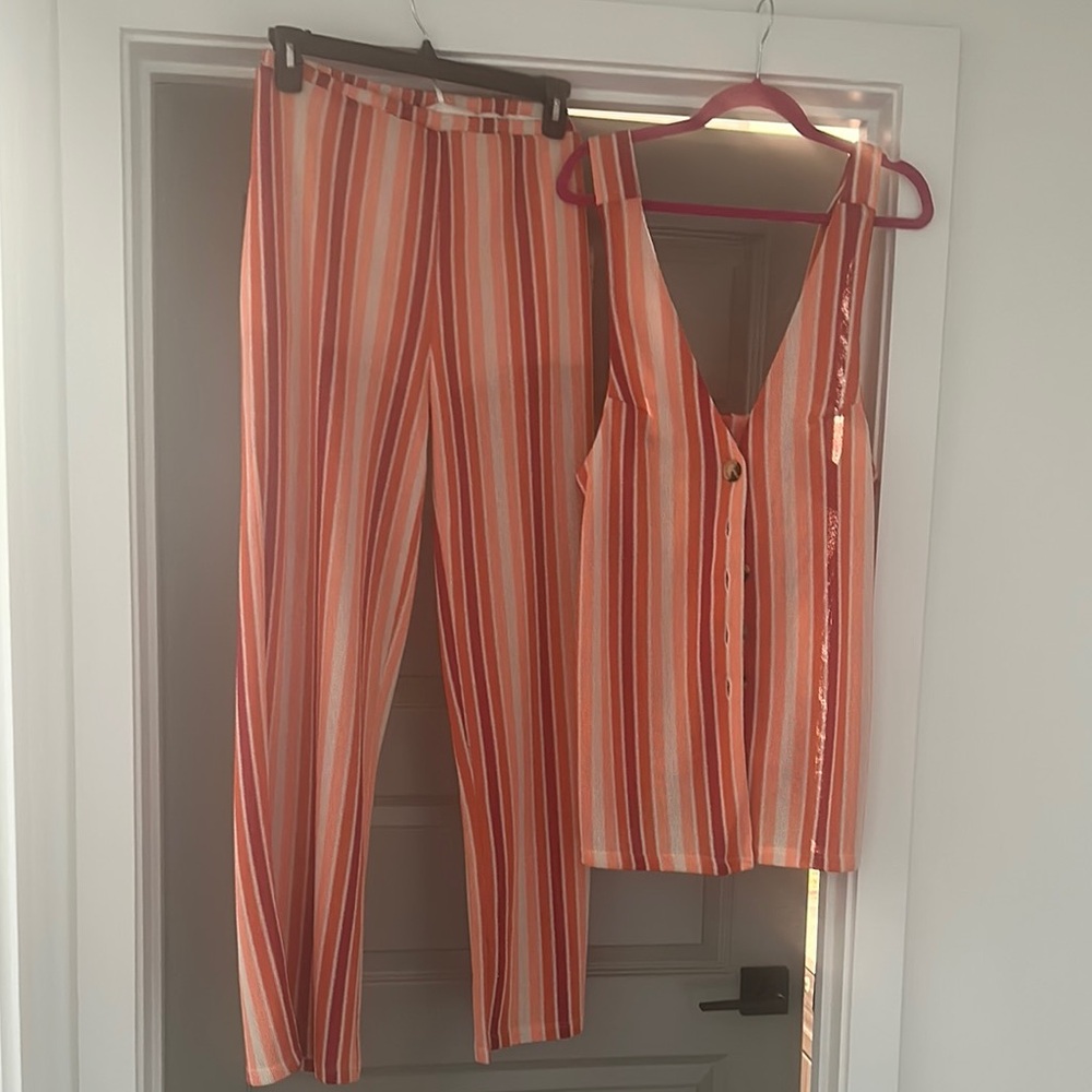 Striped Orange and White Sleeveless Top and Pants Set